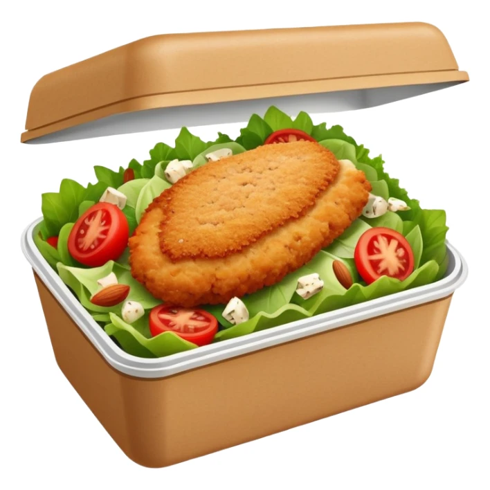 salad in a rectangular brown box container. with a chicken cutlet on top. the salad has gorgonzola cheese and almonds on it, with a few tomatoes sticker