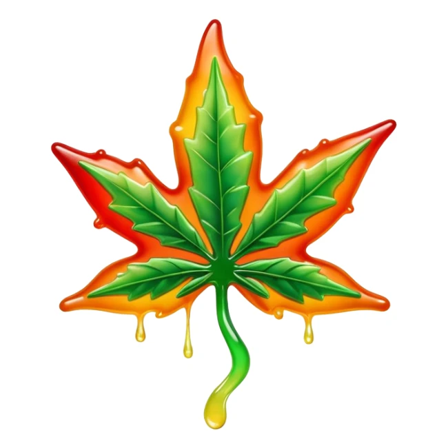 bright colorful gusher gummy shaped like a marijuana leaf with visible liquid center and liquid dripping sticker