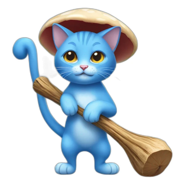  Cute Blue Cat NO ears wearing a mushroom cap carrying a stick sticker