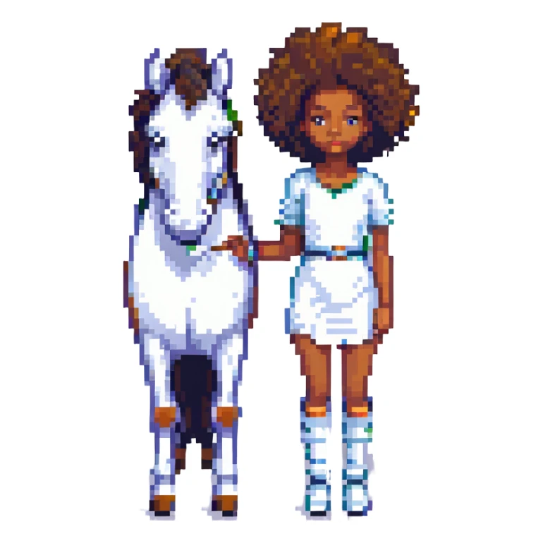 black girl with afro standing beside a white horse, pixel art style sticker