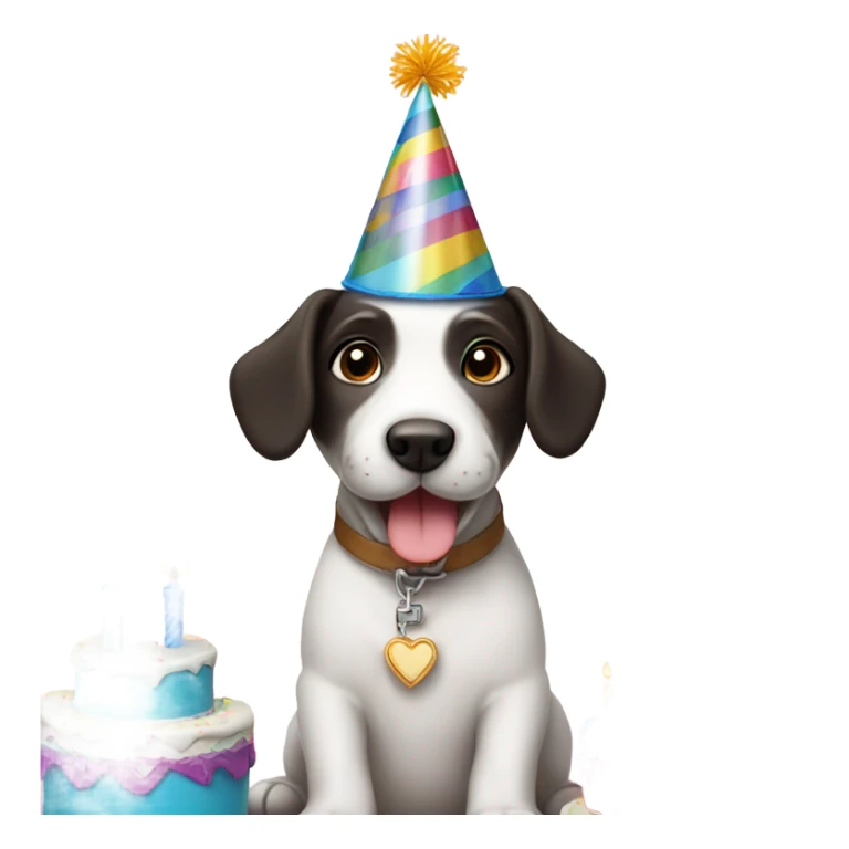 White male small dog wearing birthday hat with a cake  sticker