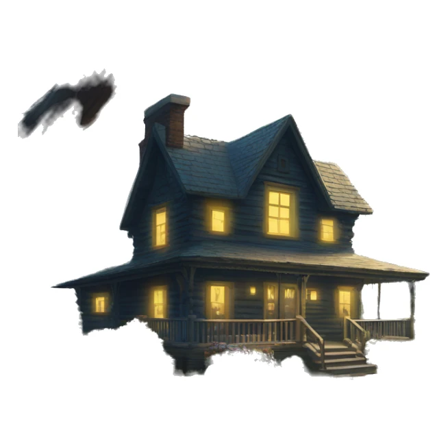  very very big Cabin near a big tree.  Thick moss growing on the roofs. grass fields. porch lights turned off. bright white interior lights turned off. guests sitting in chairs on the porch, flowers and bushes are yellow and blue. sticker