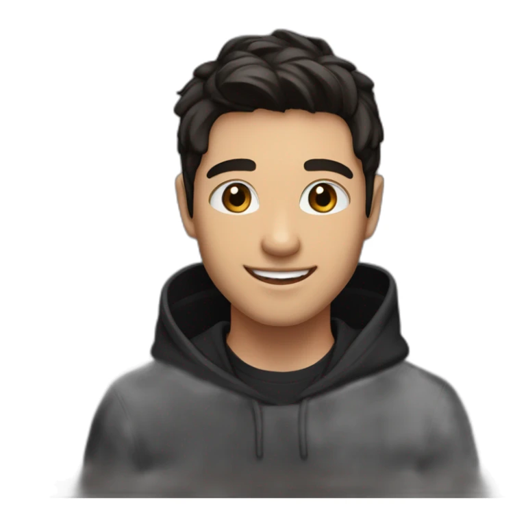 A cheerful young male digital avatar with medium skin, large brown eyes, black slicked-back hair, a bright smile, and a mole on the left cheek, wearing a black hoodie. sticker