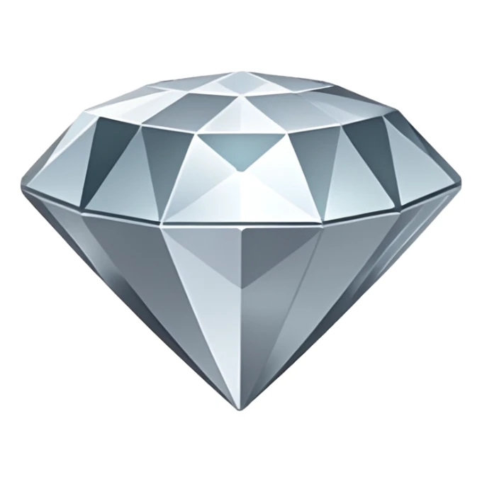 A faceted diamond emoji made of silver chrome, smooth reflective surfaces, soft metallic shine, minimalistic and clean design, iOS emoji style, centered on white background, soft studio lighting sticker
