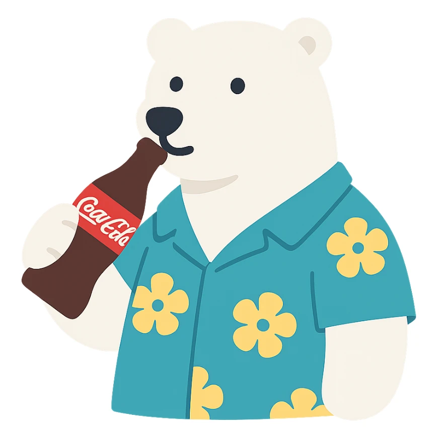 polar bear wearing a Hawaiian shirt and drinking Coca Cola sticker