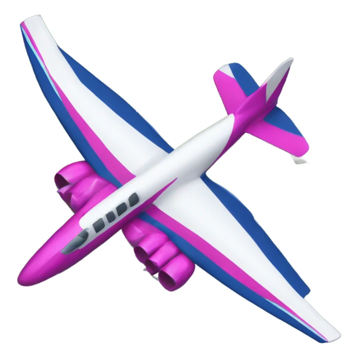 A plane with a mainly white fuselage, a vibrant fuchsia rear transitioning to dark blue on the tail and wings, a blue-and-white tail design, gray metallic wings, and bright fuchsia engines. sticker