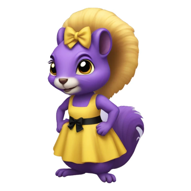 purple squirrel in a yellow dress with a black bow sticker