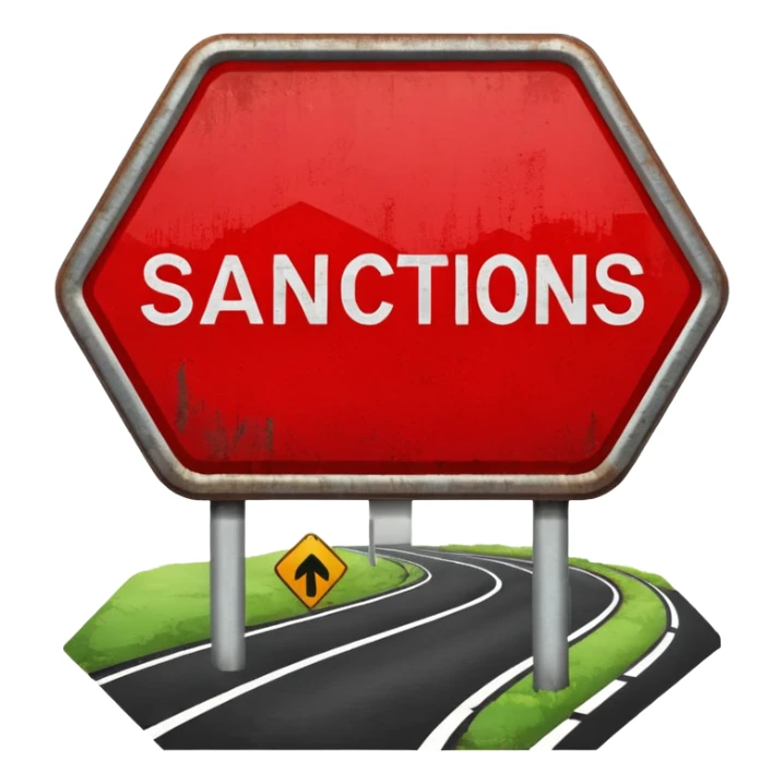 red, road sign, hexagonal, with the inscription SANCTIONS sticker