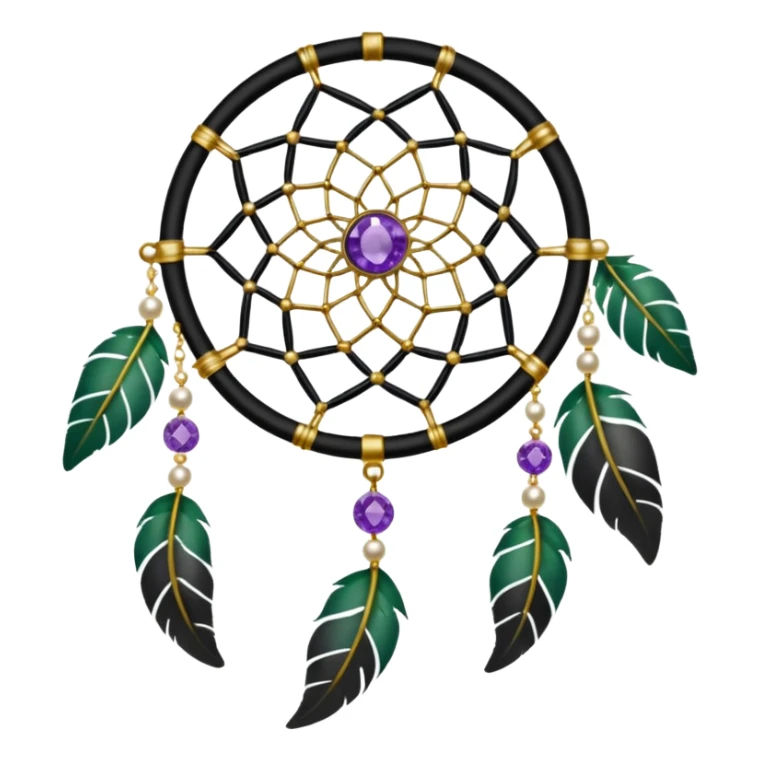 Black and white dreamcatcher with amethyst crystals, gold pearls, and green plants sticker