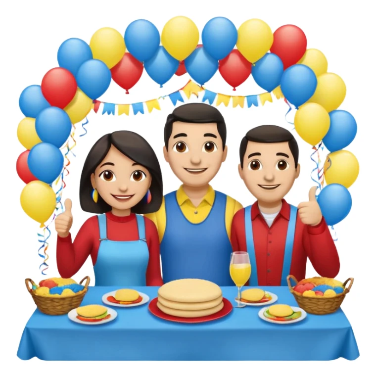 party table decorated with red blue and yellow colors, including a backdrops, balloons arch, streamers and more. On the table are intricate displays of colombian arepas, and baskets of money. In the forefront is a woman and man in simple clothing, big smiles and big thumbs up sticker