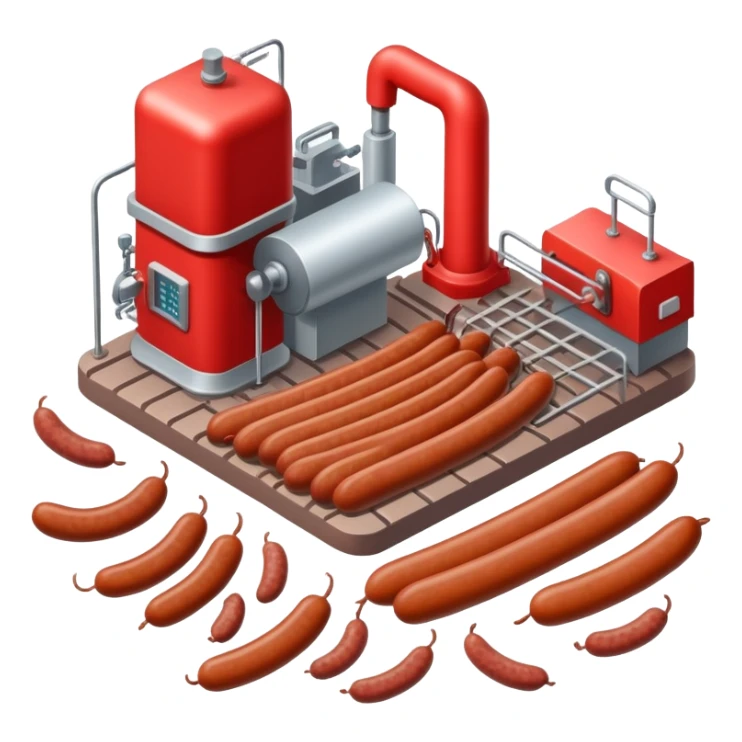 sausage factory with meat processing equipment and sausages sticker