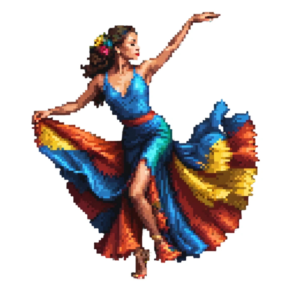 Colombian salsa dancer woman in flowing dress, dynamic dance pose, vibrant colors sticker