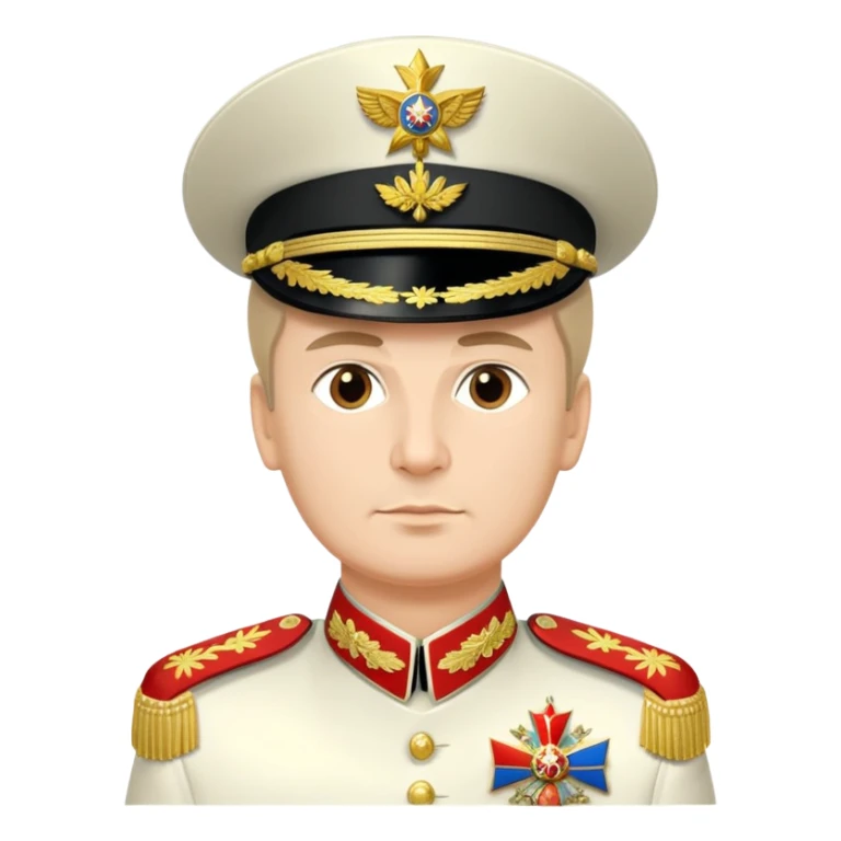 Russian military general in formal uniform with medals, epaulettes, and military hat sticker