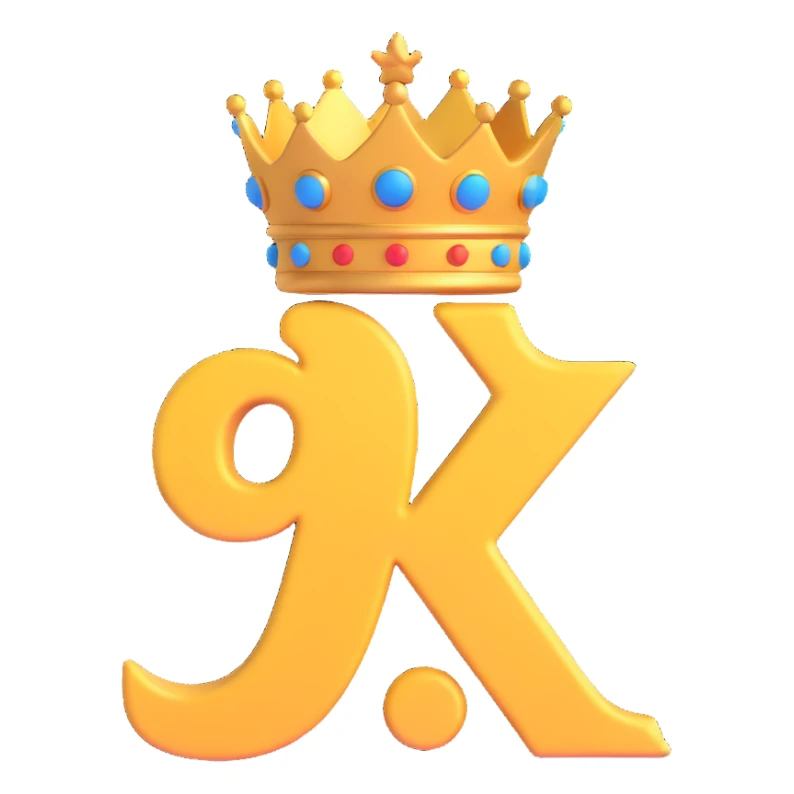 the letters '9k' with a cartoon crown on top, playful and eye-catching style sticker