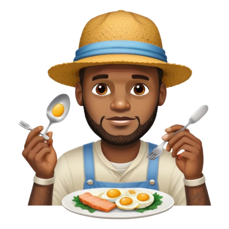 LeBron James with a fork, eating eggs and fish under bright sunlight sticker