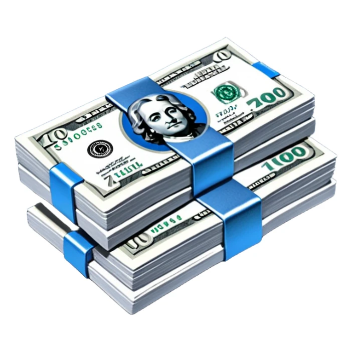 a neat bound stack of blue-and-white banknotes, koan bills , 90s futuristic, the band is dark gray sticker