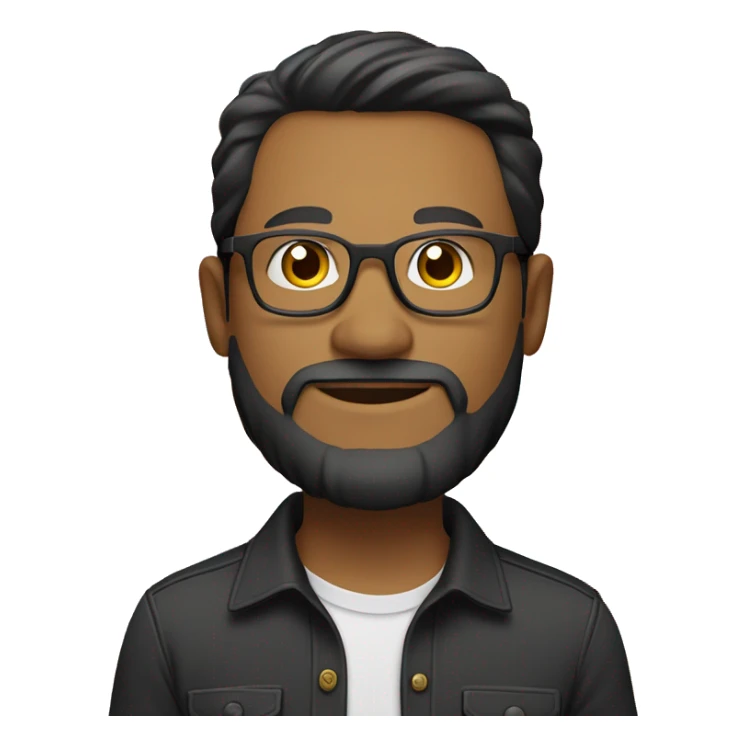 A man with glasses, medium dark hair, a little light skin and a beard wearing a black button-up shirt and light colored pants, standing in front of a colorful background with text. sticker