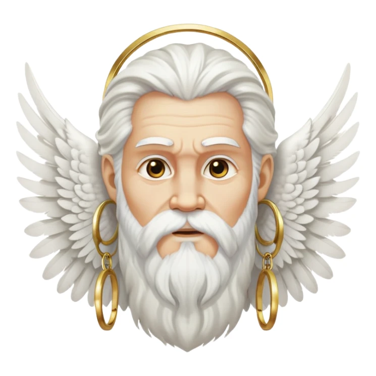 Zeus-like deity with large white feathered wings, long white hair and beard, wise expression, gold hoop earrings hanging from ears sticker