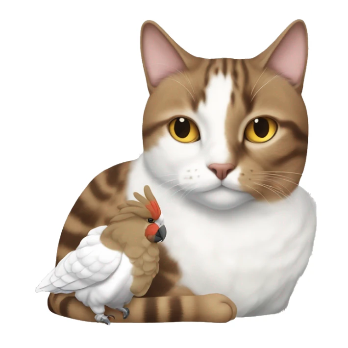 Brown tabby cat and white cockatoo napping together. sticker
