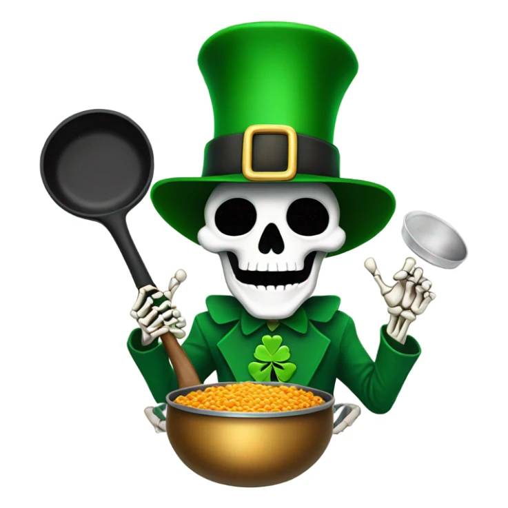 Skeleton wearing a leprechaun hat while holding a frying pan sticker