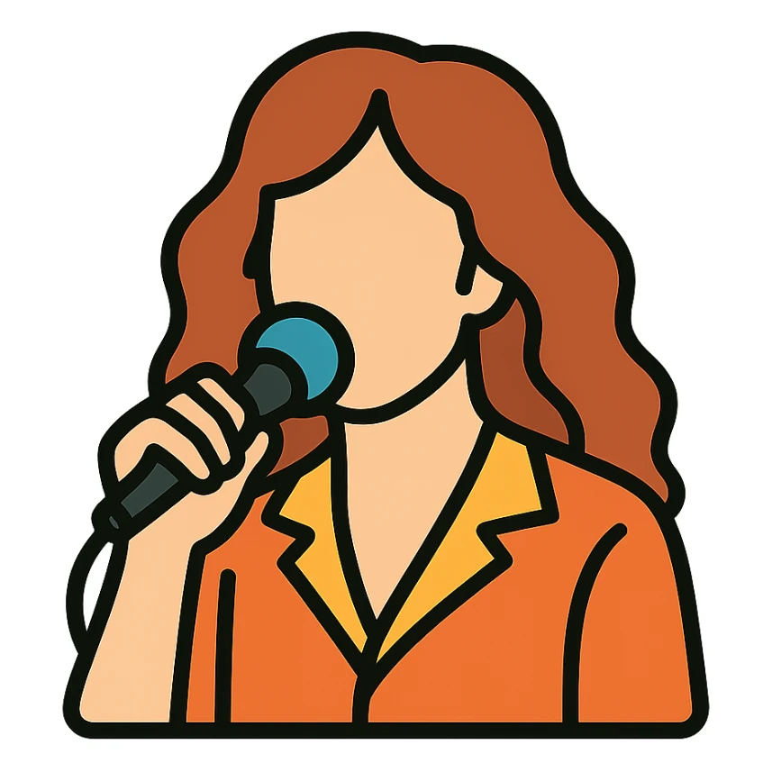dynamic icon of singer with 70s vibes, representing Dave, microphone, flowing hair, modern outlined color style sticker