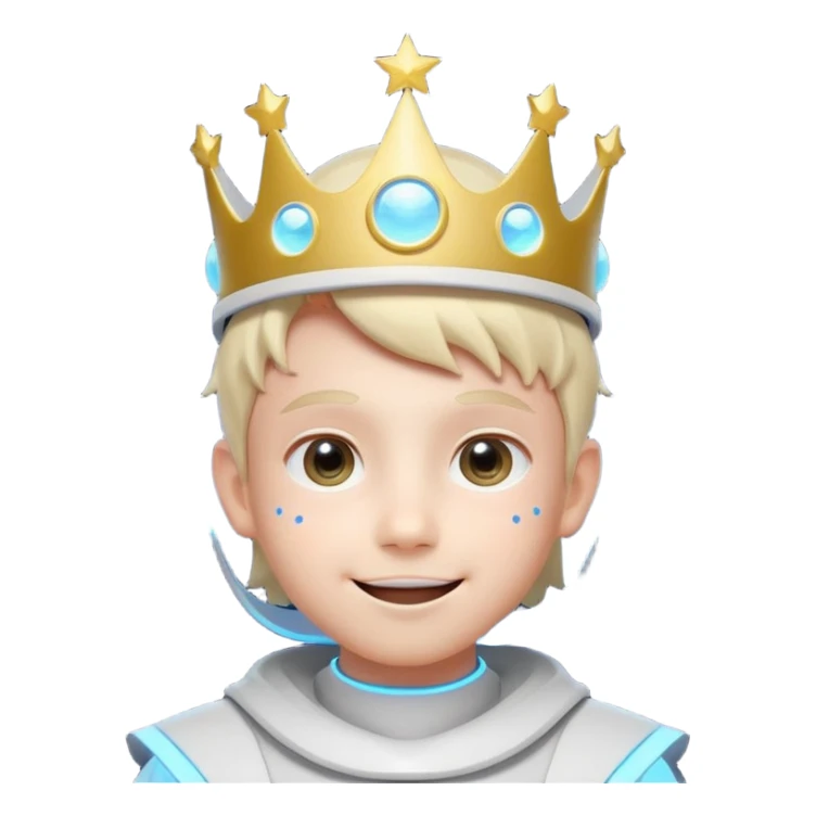 futuristic wise young boy with glowing visor-like smile, big expressive star-shaped eyes, smooth round face, glowing dots on cheeks, digital crown made of light, minimal color palette, soft neon outline, anime-inspired, bold and simple, iconic logo or mascot style emoji sticker