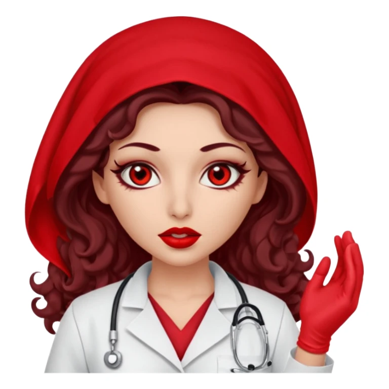 Lilith scalpel in hand, evil surgeon sexy surgeon clothes.  She has red eyes. She has dark brown long curly hair. Wears sexy doctor outfit with red gloves. Covers mouth neck and nose with red burka to hide her identity sticker