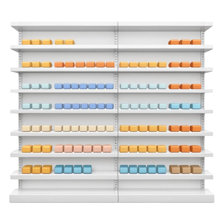 "Minimalist Japanese retail shelf display, products arranged in identical horizontal rows, with multiple units of each item placed directly behind one another, vertically varied by type, clean spacing, precise symmetry, soft neutral lighting, front-facing packages, ultra-detailed." sticker
