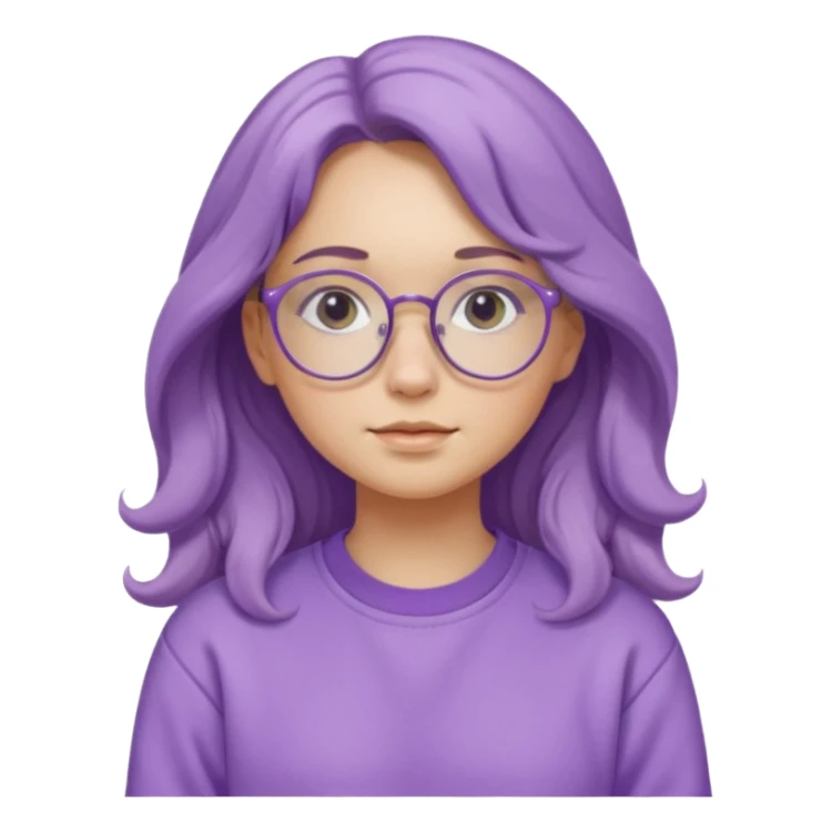 Chica de pelo largo y ondulado, con gafas redondas y expresión suave; viste una sudadera lila y transmite un estilo tranquilo y relajado. sticker