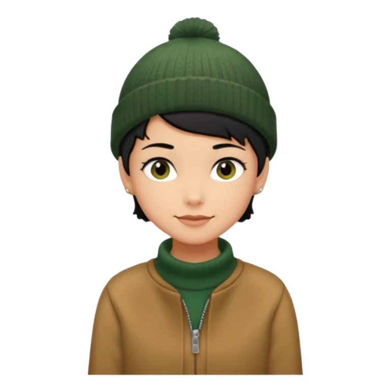 tan skin, non binary adult with pixie cut black hair, wearing brown jacket and dark green beanie, shy smile  sticker