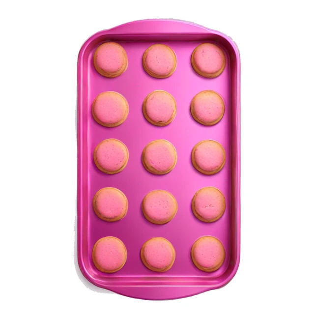 Realistic flat small isolated metallic pink baking pan with pink cookies inside.  sticker
