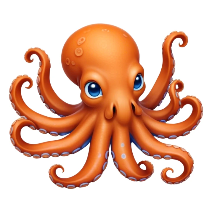 Cinematic Realistic Cute Octopus Portrait Emoji, Head tilted playfully and inquisitively, featuring a gracefully curving, compact body in vibrant orange adorned with delicate blue rings, and a charming, expressive face with round, sparkling eyes full of curious wonder; rendered with lifelike detail and soft natural highlights, high shine, affectionate and enchanting, styled with a touch of whimsical ocean magic, soft glowing outline, capturing the essence of a mischievous yet lovable octopus that seems poised to slither playfully into your arms! sticker