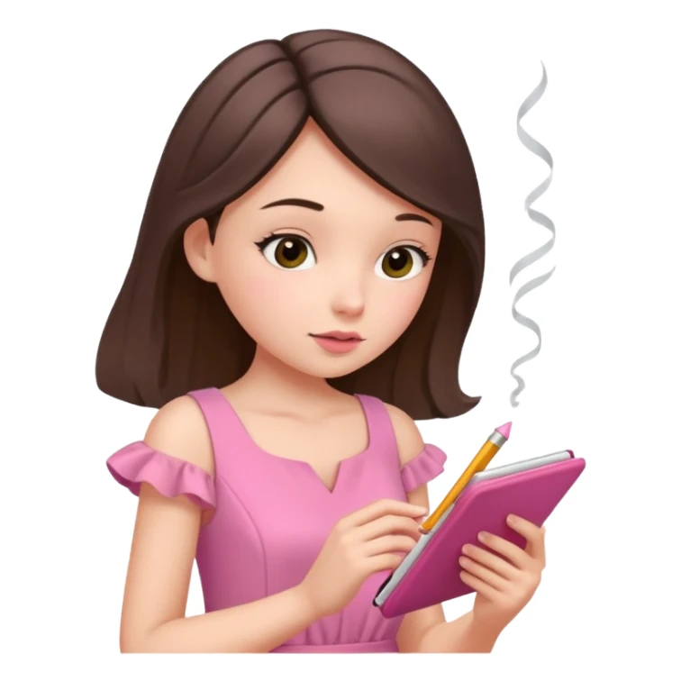 girl taking notes in pink thones and smell a fragance sticker