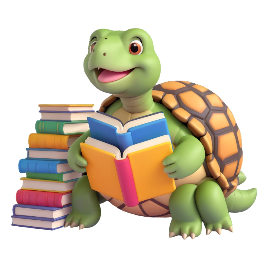 a tortoise with a stack of books beside it, reading one book, appearing wise and gentle sticker