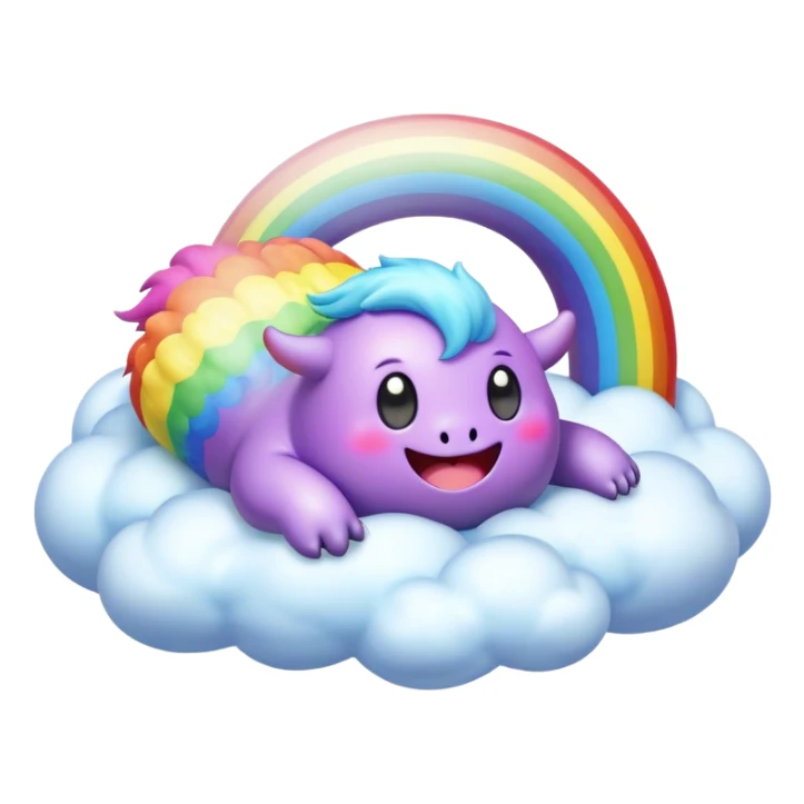 3D, Kawaii derpy fat rainbow monster laying on a magic rainbow cloud, rich textures, visually detailed, so lifelike that it feels like it could leap off the page at any moment sticker