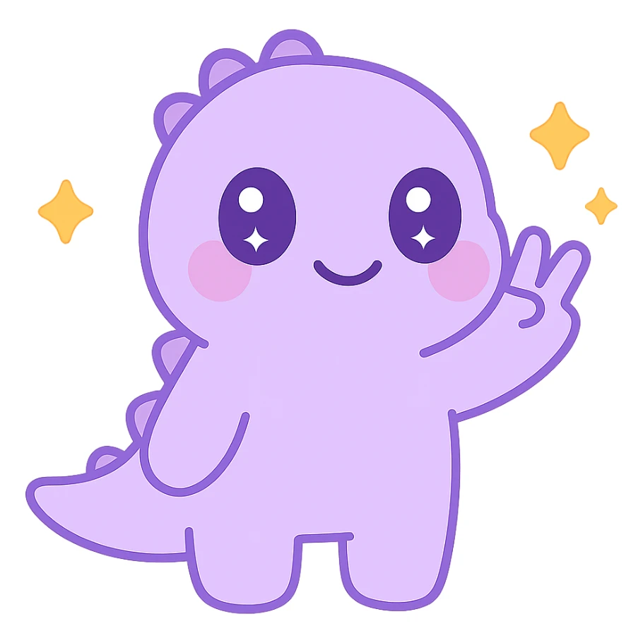 cute little purple dinosaur doing a peace sign with sparkles sticker