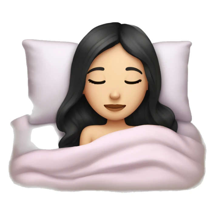 caucasian girl with black straight hair sleeping cozy in bed sticker