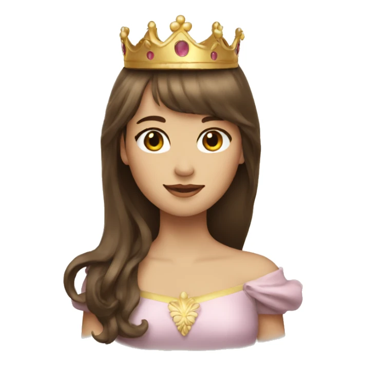 girl with long brown hair and bangs with a crown sticker