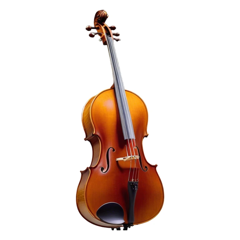 Create a refined and detailed emoji representing a Cremona 4/3F 4/4 cello with a bow. The design should feature the smooth, polished wooden body of the cello with a deep, rich tone color. The strings and tuning pegs should be visible, emphasizing the instrument's fine craftsmanship. Add a delicate bow placed gently across the strings, with intricate detailing on the hair and frog. Include subtle musical notes around the cello to evoke the graceful, classical sound. Use warm wood tones and accents like gold and silver for a professional, elegant look. The background should be transparent. sticker