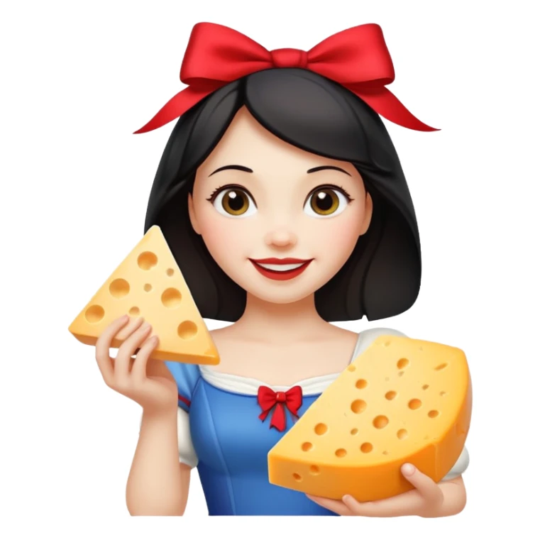  smiling Snow White with red bow holding triangle wedge of cheese sticker