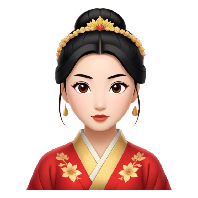 Cinematic Elegant Mulan Portrait Emoji, rendered in a realistic, vector-style with minimal shading and bold, simplified shapes. Depict Mulan (chest and above) with warm, light-toned skin, almond-shaped eyes, and sleek black hair styled in a traditional bun. She wears a modest, traditional robe with subtle red and gold accents, glowing with a soft, refined radiance and high shine, capturing timeless beauty and inner strength. sticker