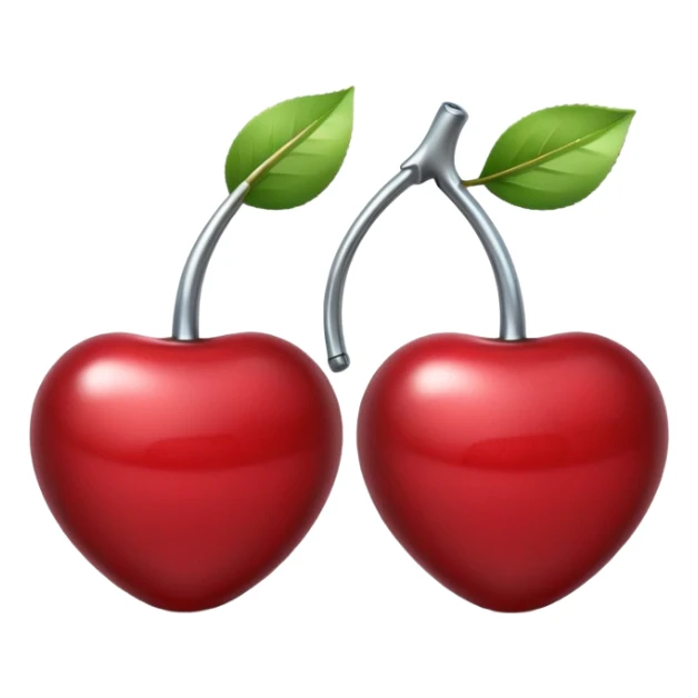 A pair of cherries emoji made of polished silver chrome, smooth rounded shapes, glossy metallic finish, soft highlights and reflections, cute proportions, iOS emoji style, centered, clean white background, no text sticker
