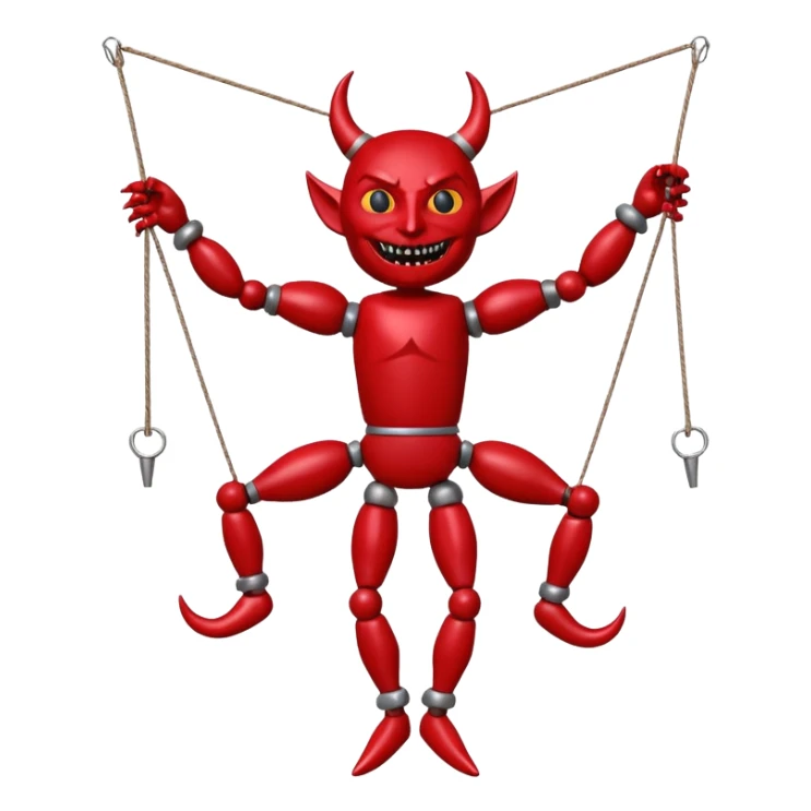 3D render of Devil Puppet as a wooden marionette puppet, Red painted wood, strings, silver metal screw joints at elbows and knees, polished brown wood texture, rigid toy pose, emoji style, isolated on white background --v 6.0. sticker