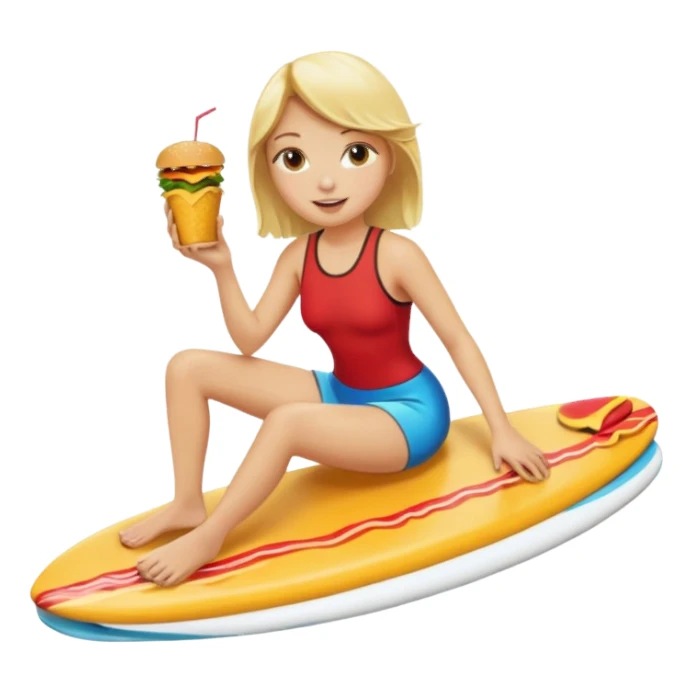 make a blonde girl eating a cheese burger riding a surf board sticker