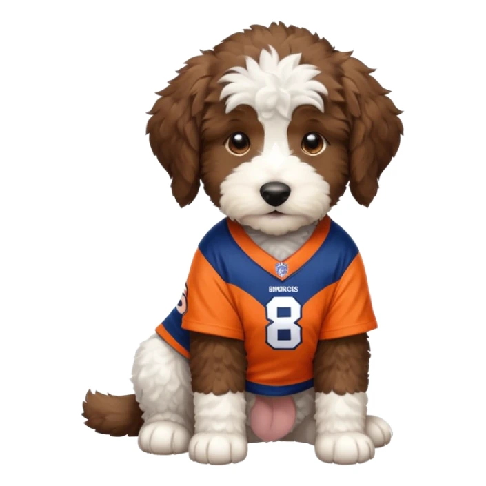 bernedoodle puppy wearing broncos jersey sticker