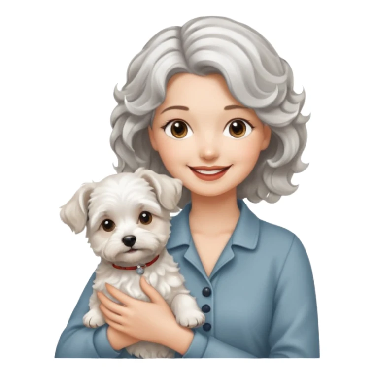 silver, short, wavy-haired with loose curls, smiling pretty lady holding a westie dog and a lhasa apso dog sticker