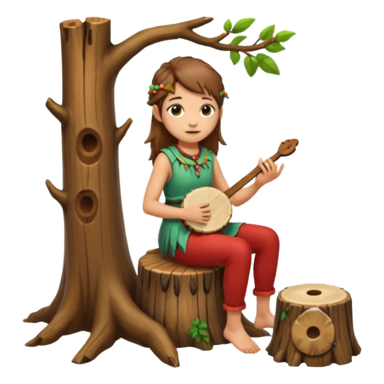 forest spirit girl with short brown mullet playing hand drum, sitting on tree stump sticker