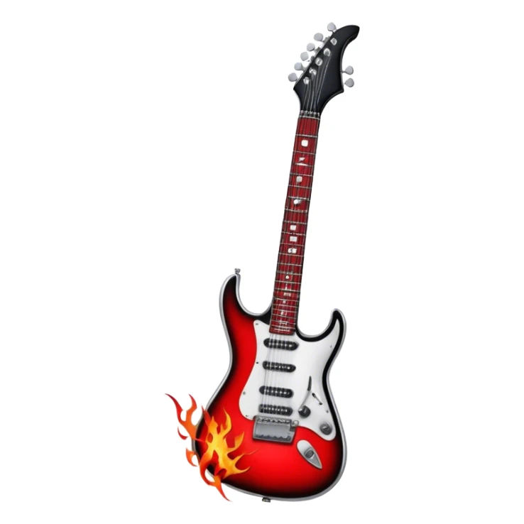 Create a bold and powerful emoji representing rock vocal performance in a humanless collage. The design should feature a vintage microphone at the center, surrounded by a heavy, aggressive hardcore electric guitar with sharp, jagged edges. Include crossed drumsticks behind the guitar, symbolizing the intense rhythm of rock music. Add fiery elements like flames or lightning bolts to enhance the raw energy of the design. Use dark, bold colors like black, red, and silver, with metallic or chrome accents to reflect the rebellious, hard-hitting nature of rock. The background should be transparent. sticker
