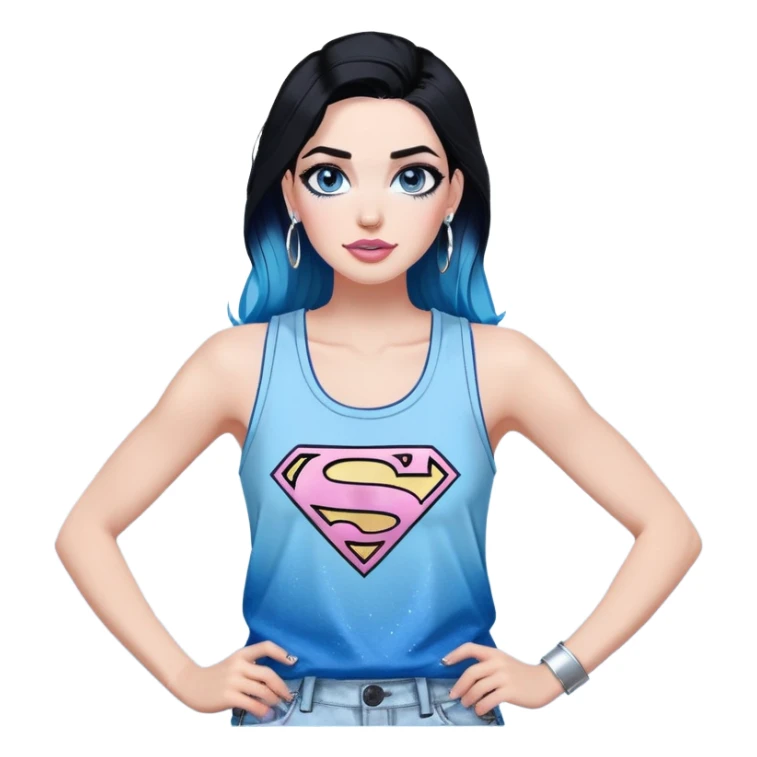 Tall-Large upper body-very excited-very-beautiful-face-white ripped cargo pants-light-pink-lips-very long-very-straight-dark-blue-ombre-hair-and-blue-eyes-thick-black-eyeliner-thick-long-eyelashes-sky-blue-superman-tank-top-with-glitter-and-silver-hoop-earrings sticker