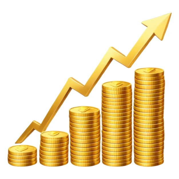 upward arrow next to gradually increasing stacks of gold coins, showing progression sticker